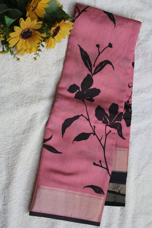 Pink Tussur Crape saree with floral design