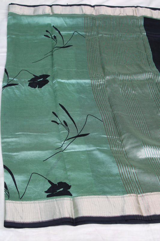 Green Tussur Crape saree with floral design