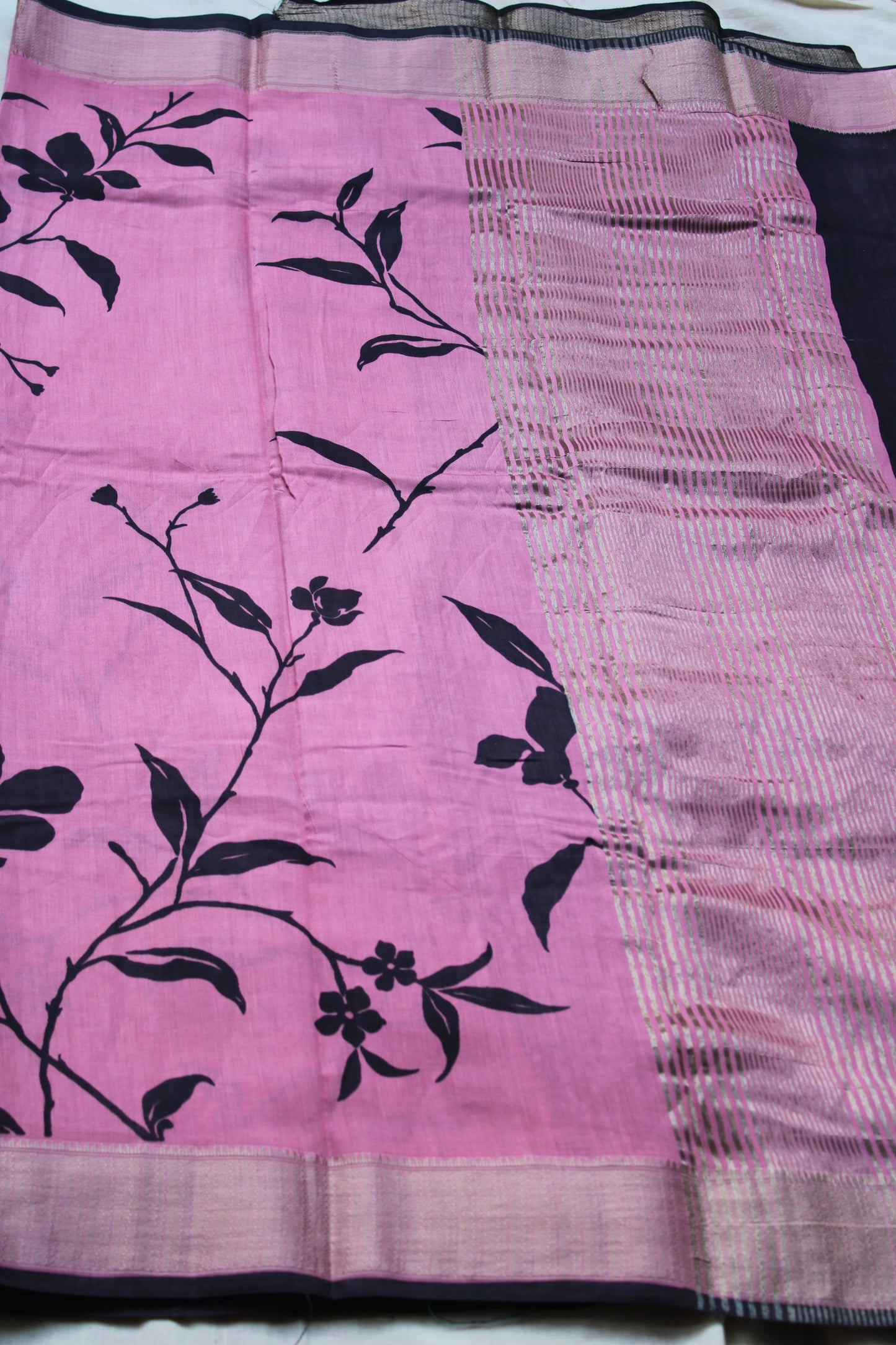Pink Tussur Crape saree with floral design
