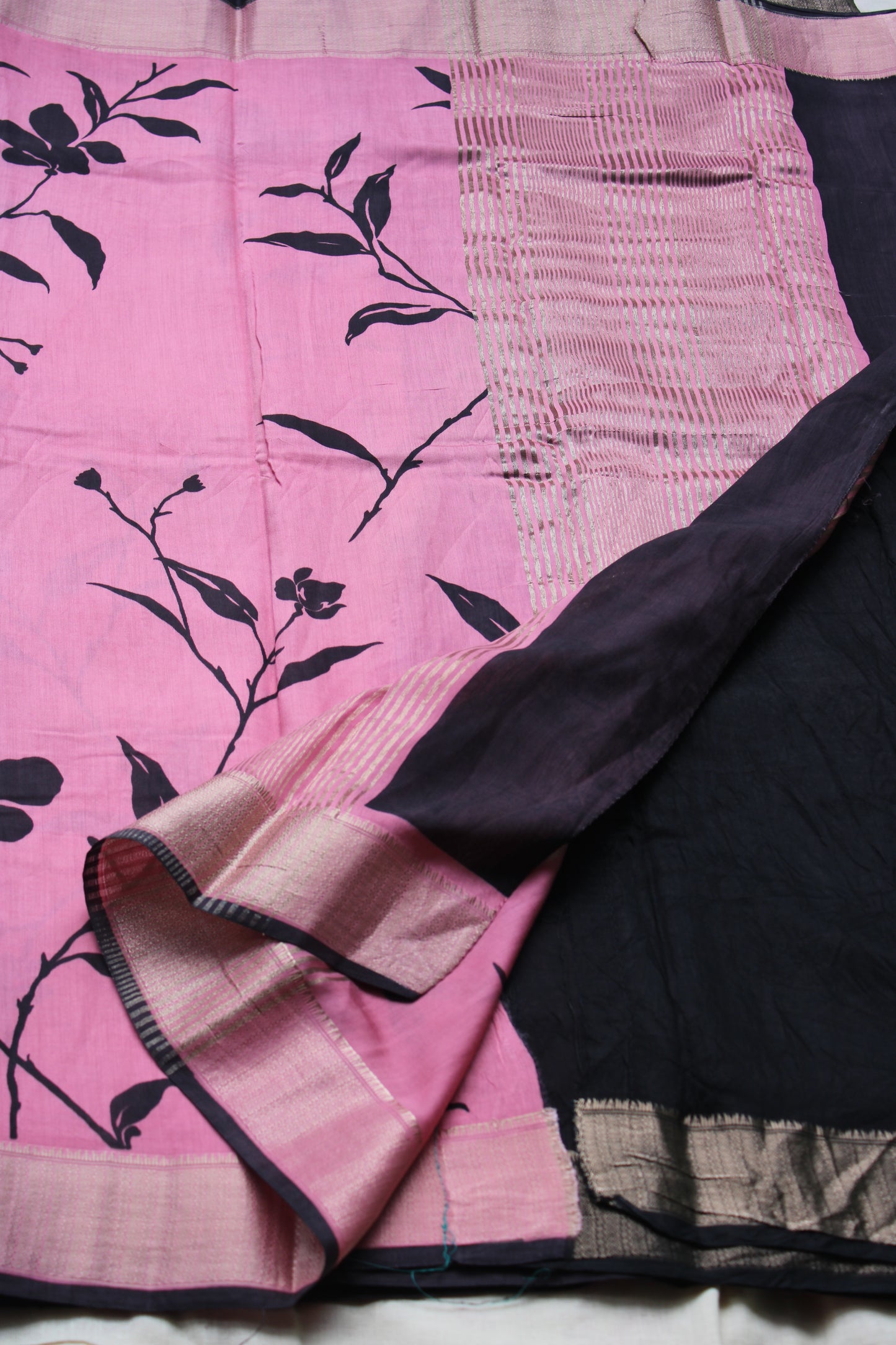 Pink Tussur Crape saree with floral design