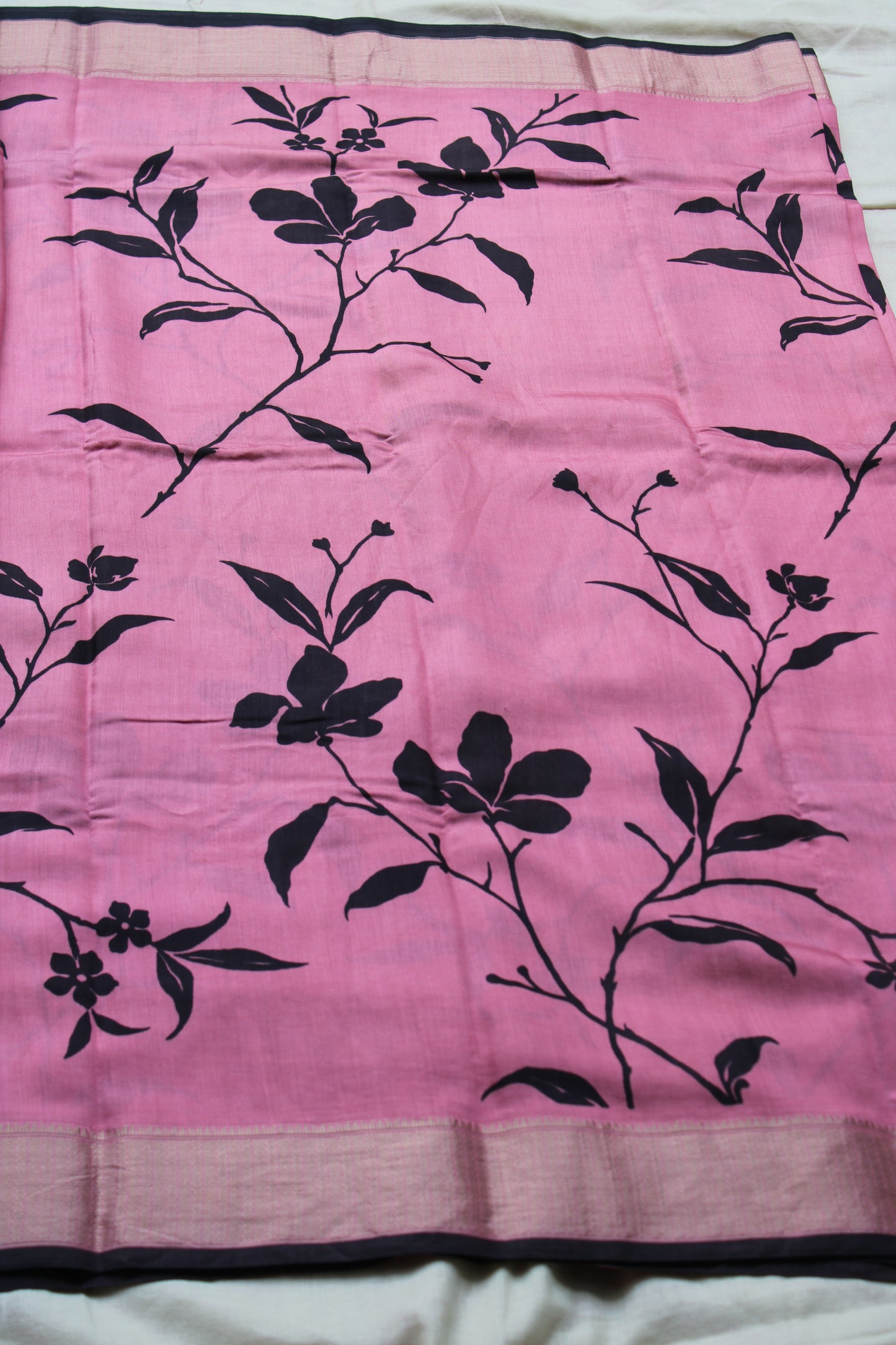 Pink Tussur Crape saree with floral design