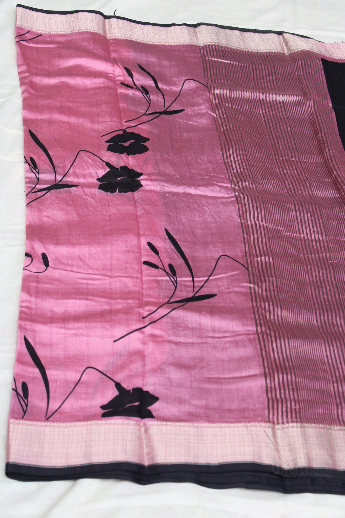 Pink Tussur Crape saree with floral design
