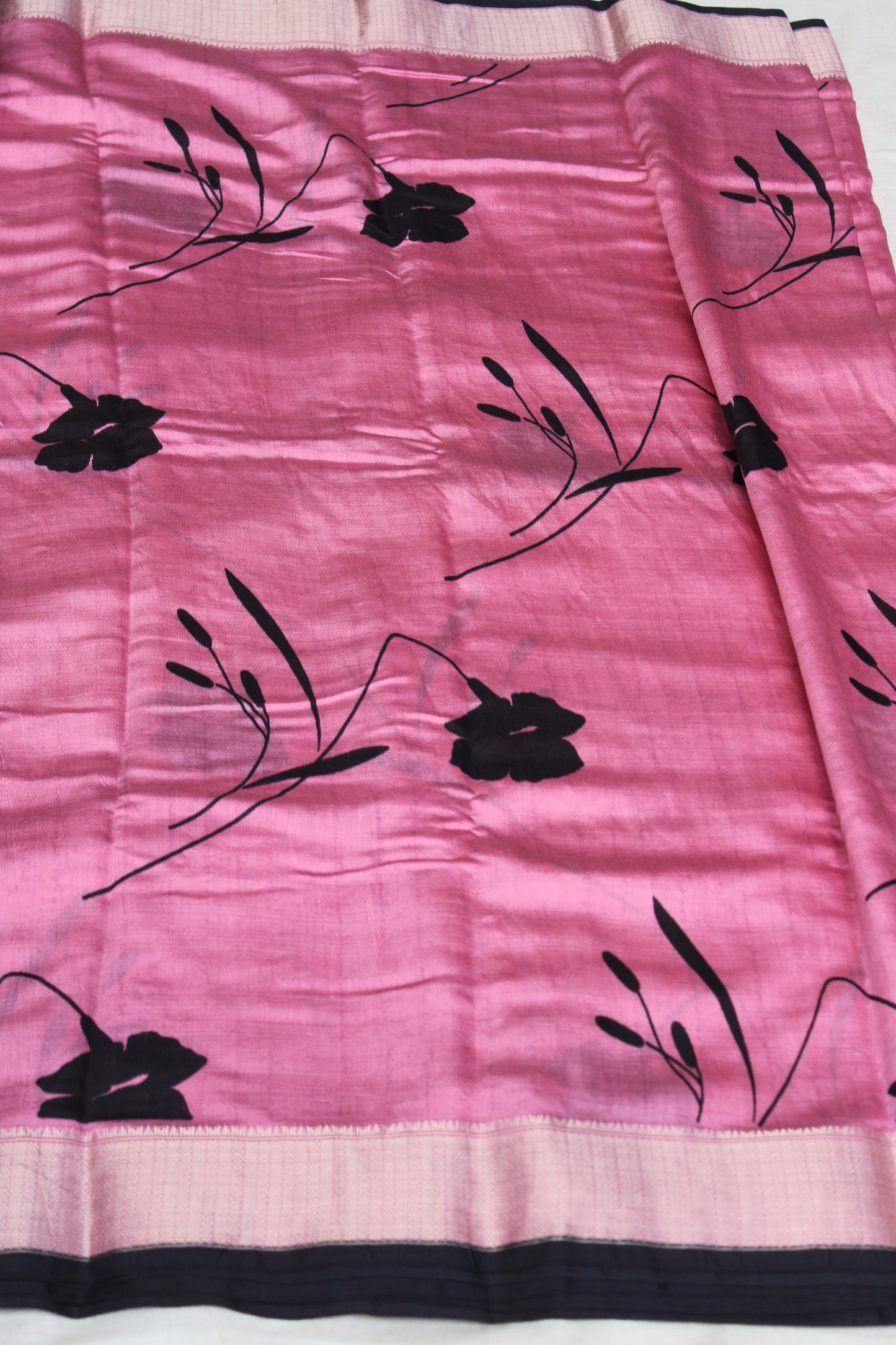 Pink Tussur Crape saree with floral design
