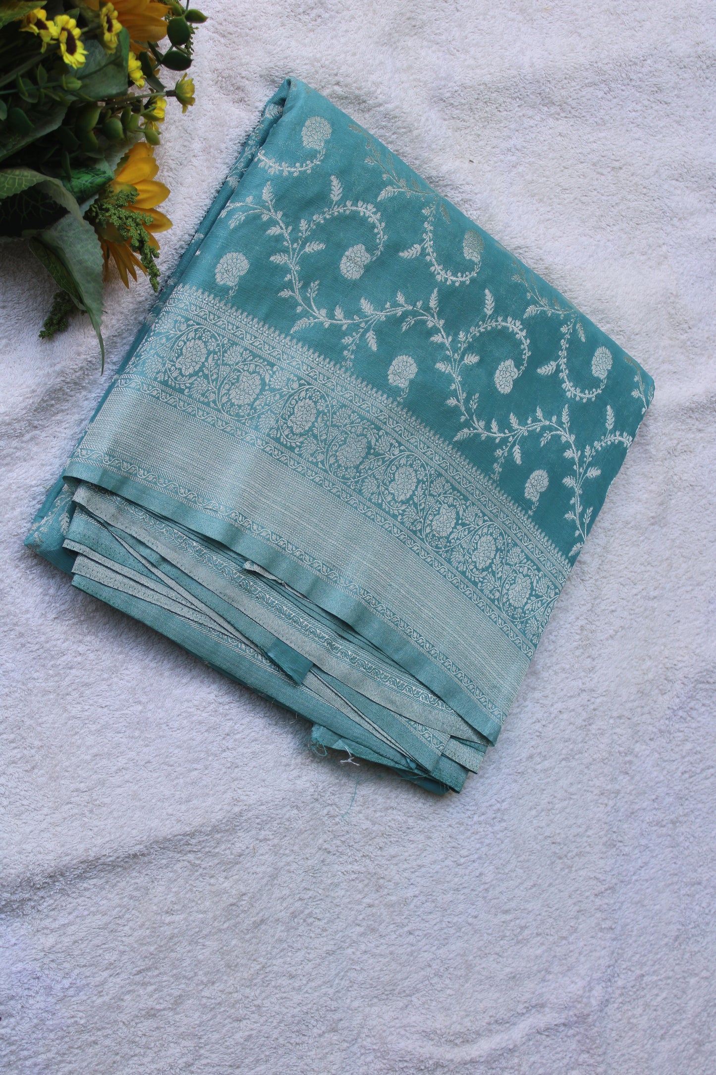 Blue Banarasi Mashru crape georgette Saree with flower zaal design