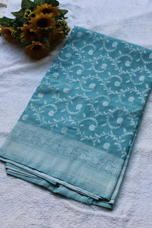 Blue Banarasi Mashru crape georgette Saree with flower zaal design