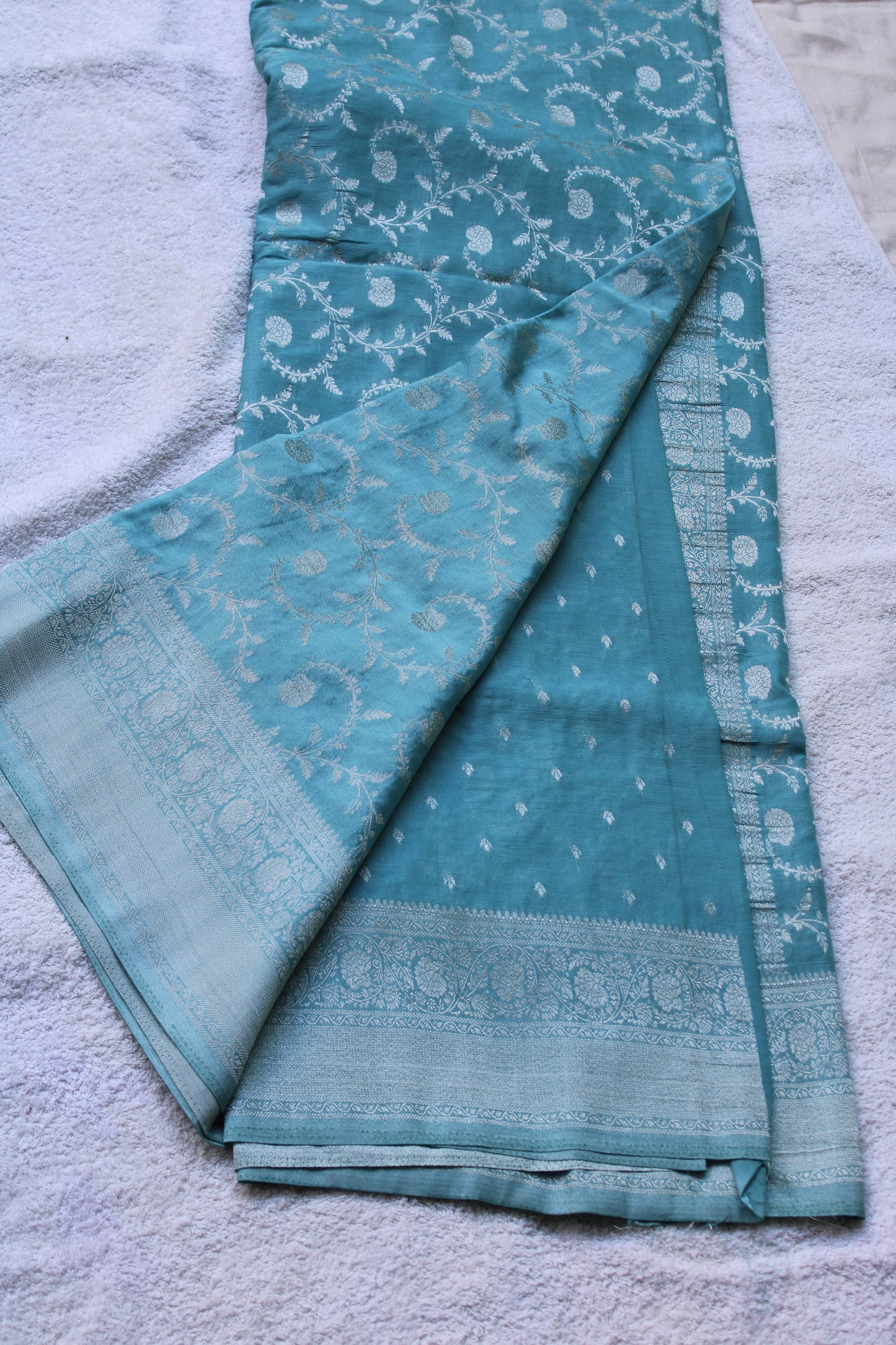 Blue Banarasi Mashru crape georgette Saree with flower zaal design