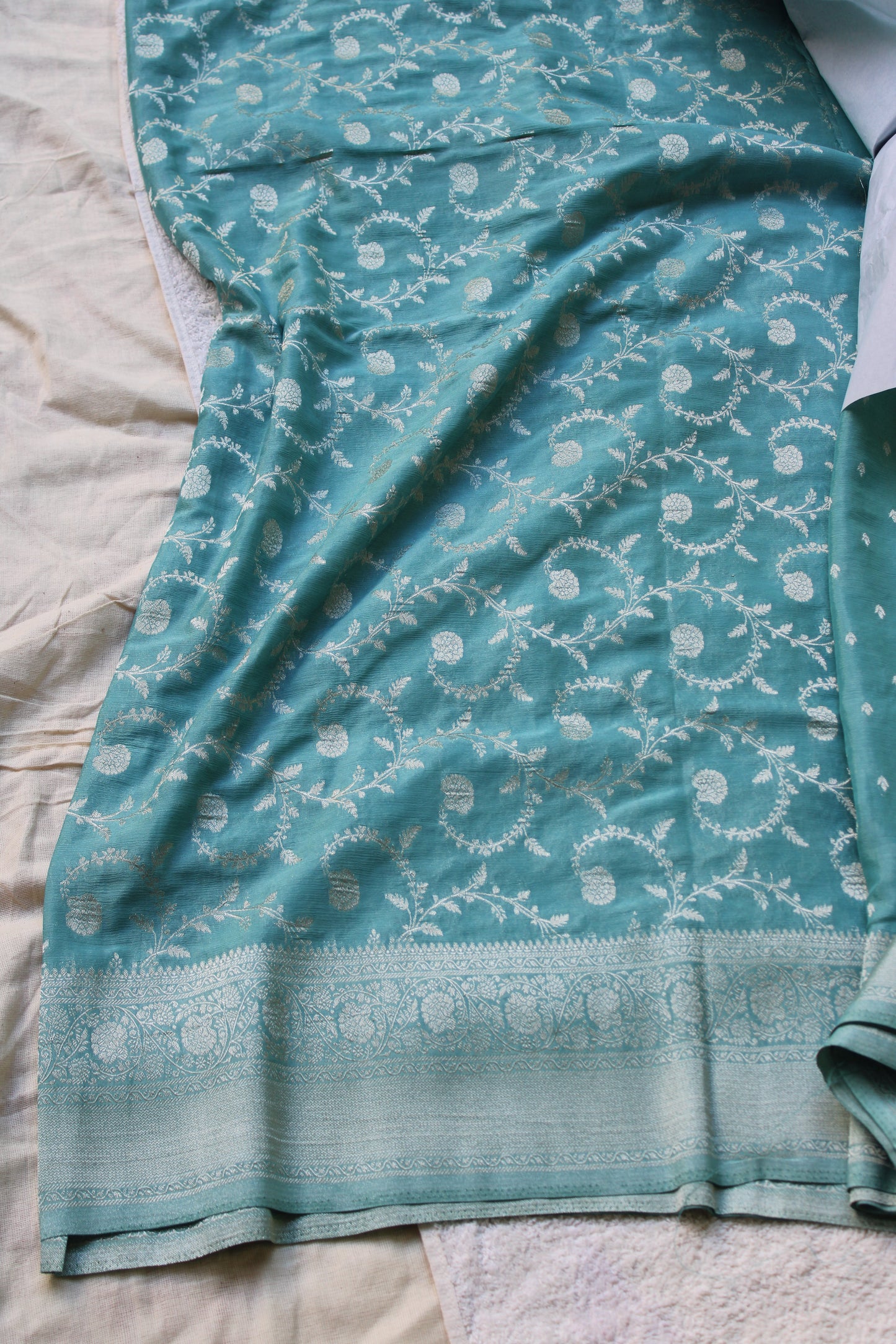Blue Banarasi Mashru crape georgette Saree with flower zaal design