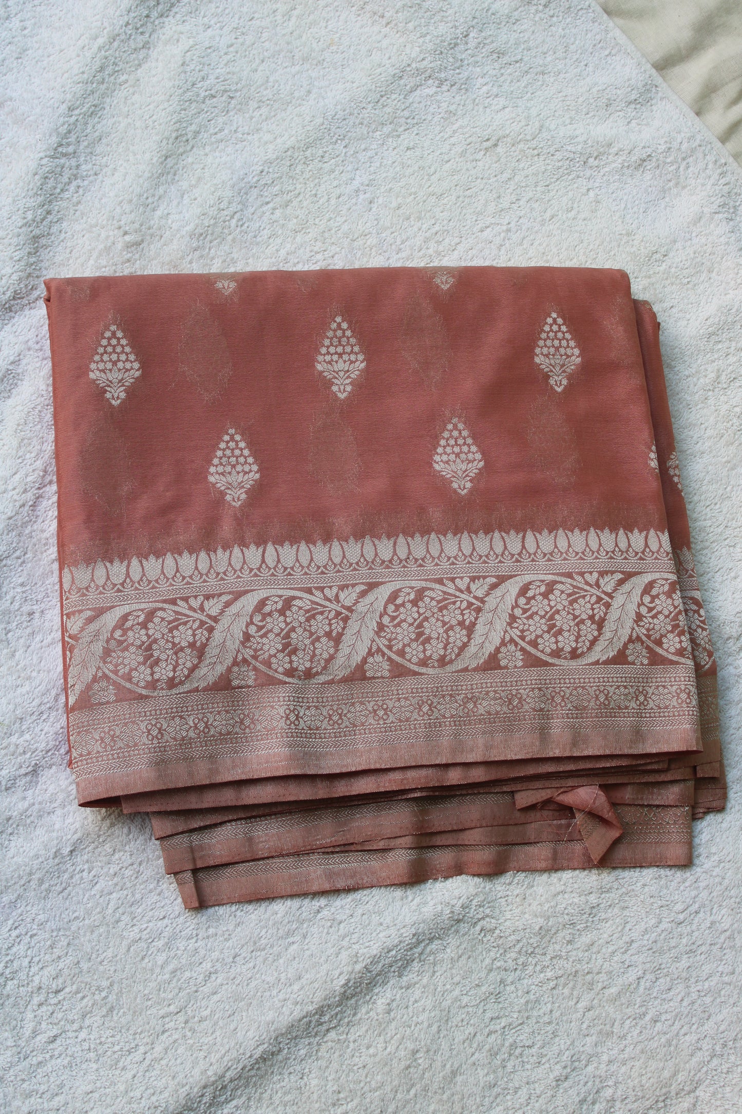 Peach Banarasi Mashru crape georgette Saree with flower design