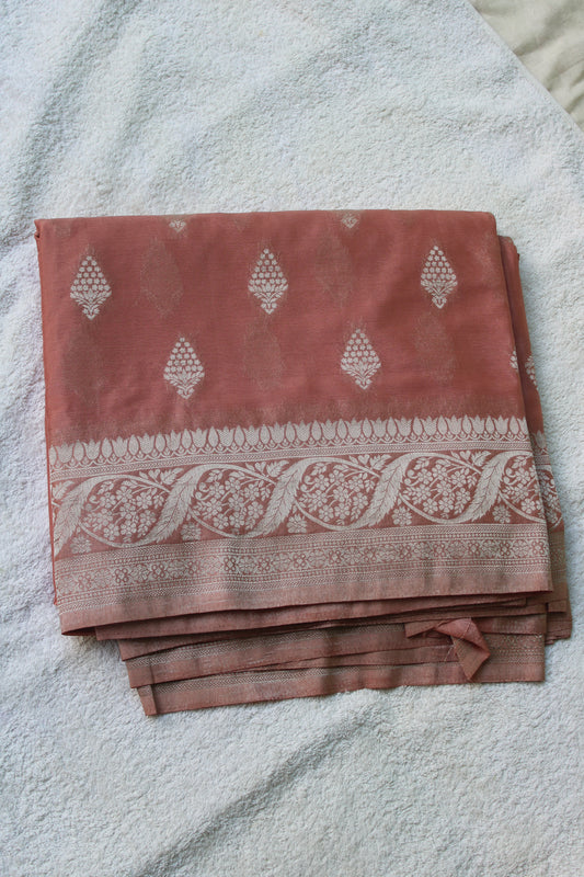 Peach Banarasi Mashru crape georgette Saree with flower design