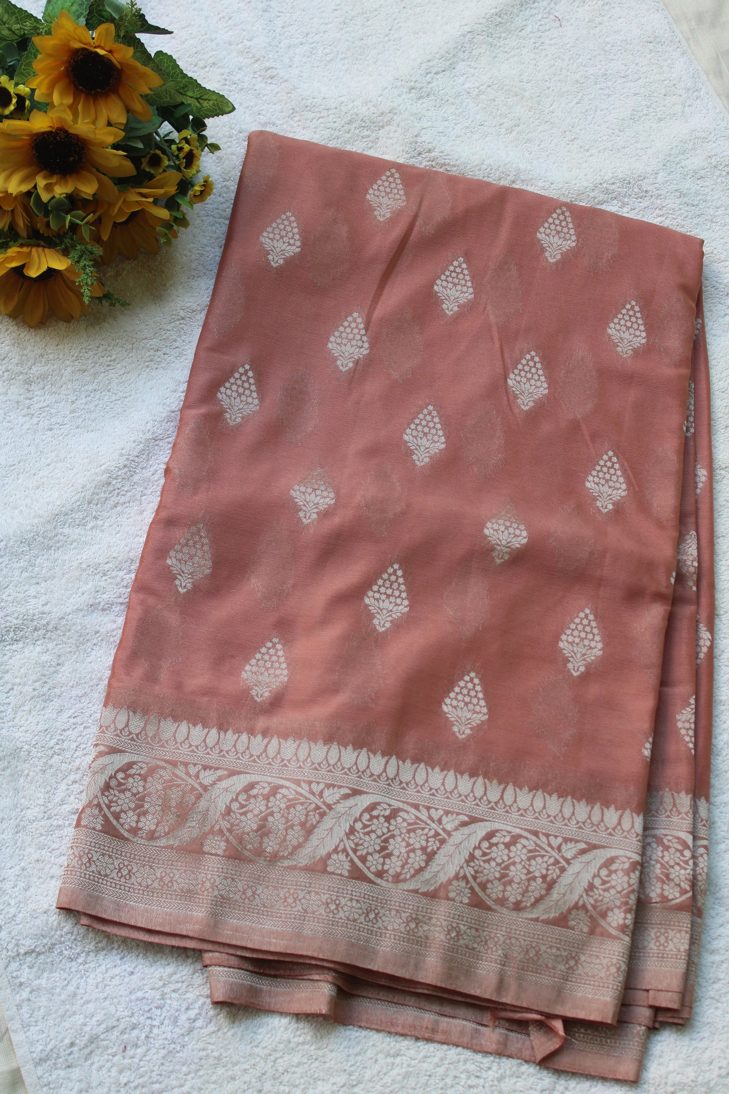 Peach Banarasi Mashru crape georgette Saree with flower design