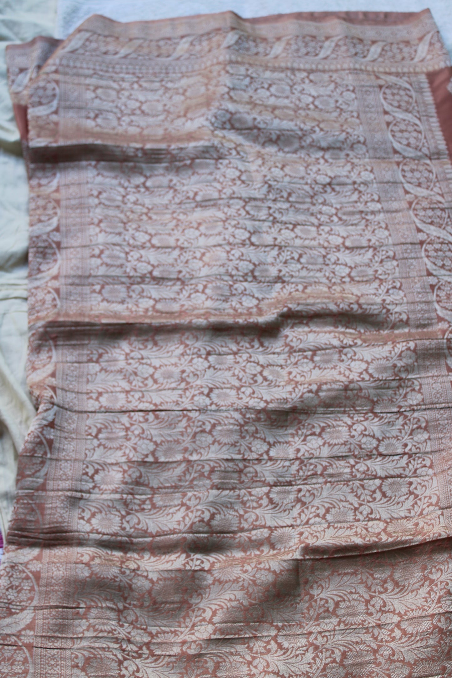 Peach Banarasi Mashru crape georgette Saree with flower design
