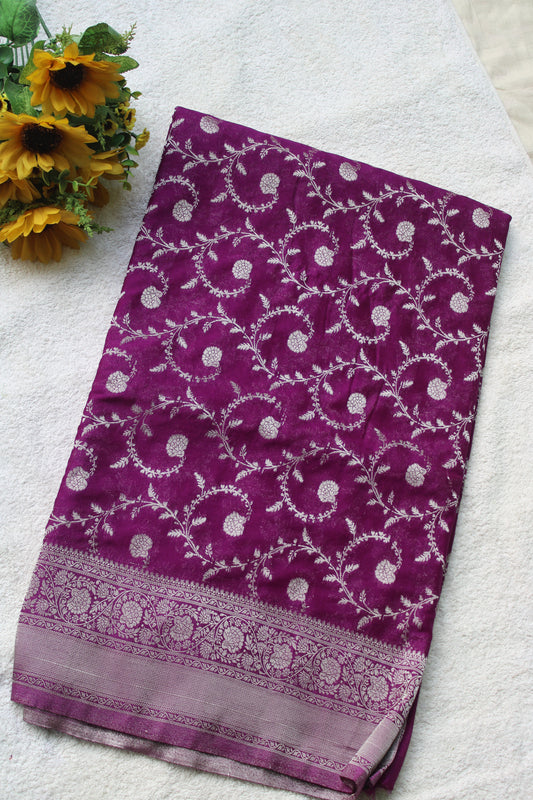 Majenta Banarasi Mashru crape georgette Saree with flower zaal design