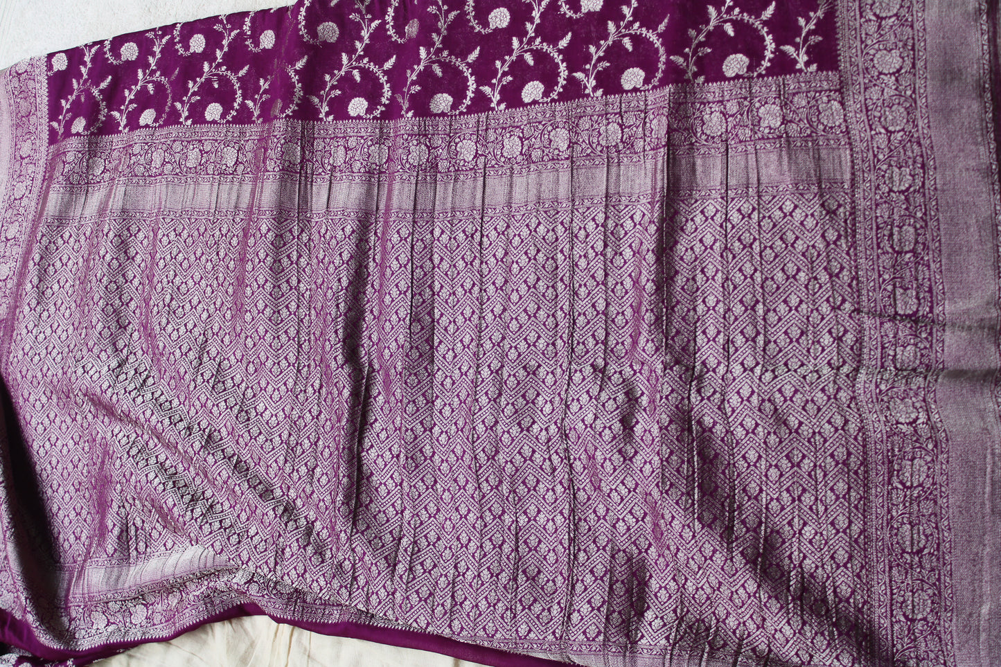 Majenta Banarasi Mashru crape georgette Saree with flower zaal design