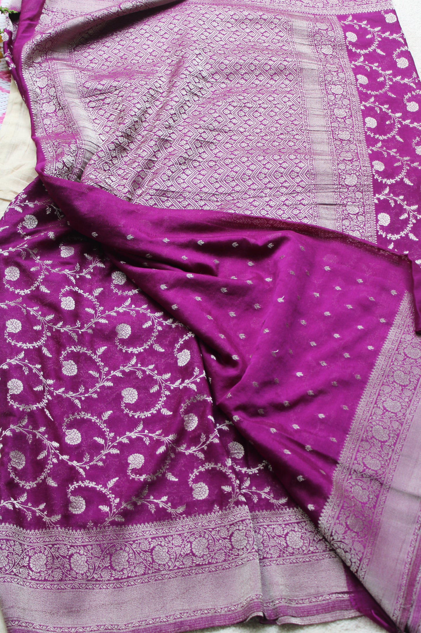 Majenta Banarasi Mashru crape georgette Saree with flower zaal design