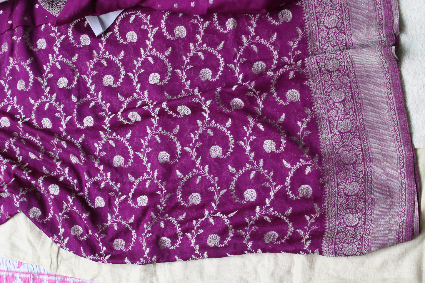 Majenta Banarasi Mashru crape georgette Saree with flower zaal design