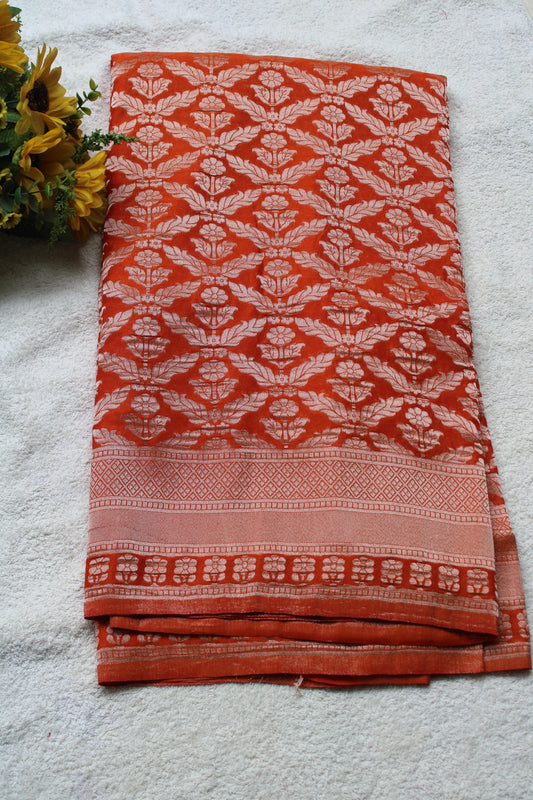 Orange Banarasi Mashru crape georgette Saree with flower zaal design