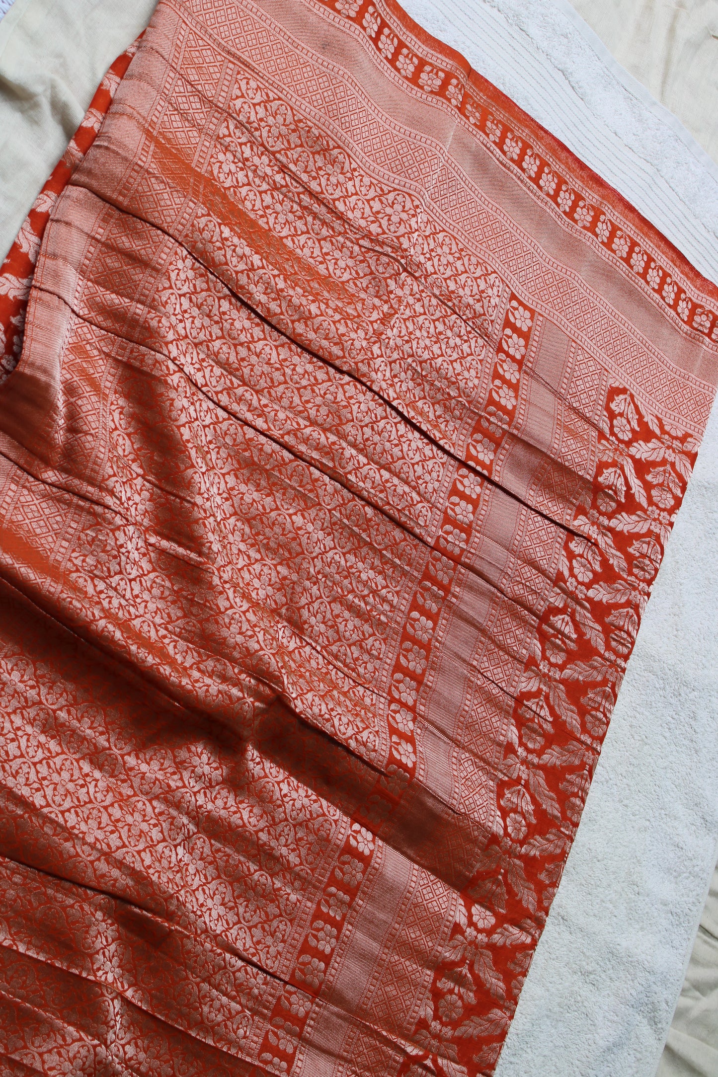 Orange Banarasi Mashru crape georgette Saree with flower zaal design