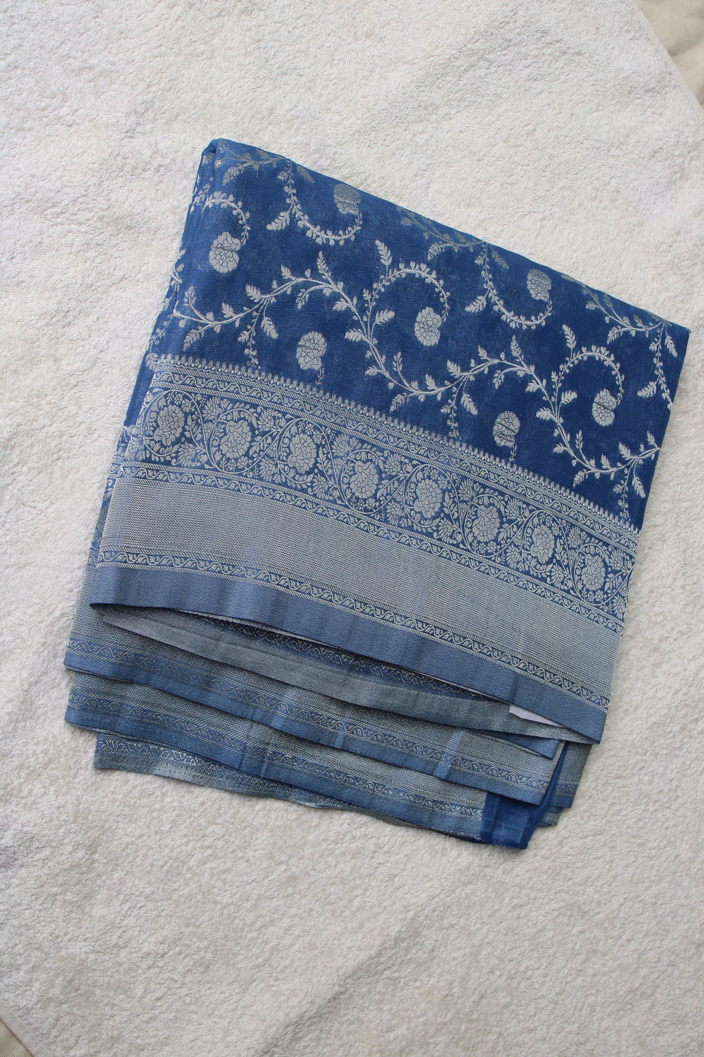 Blue Banarasi Mashru crape georgette Saree with flower zaal design