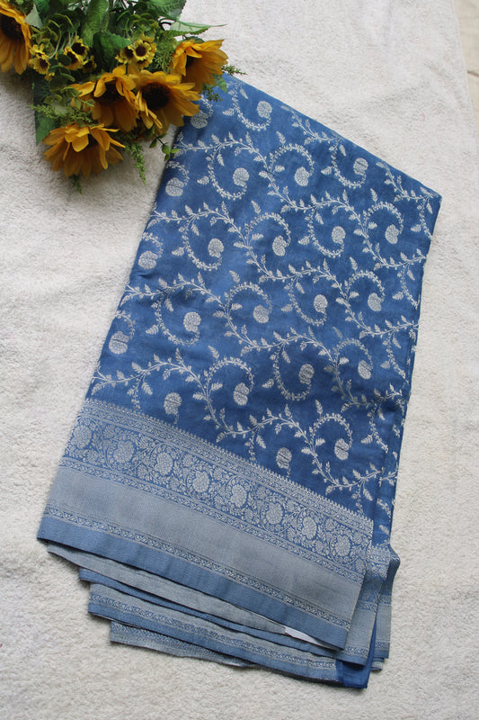 Blue Banarasi Mashru crape georgette Saree with flower zaal design