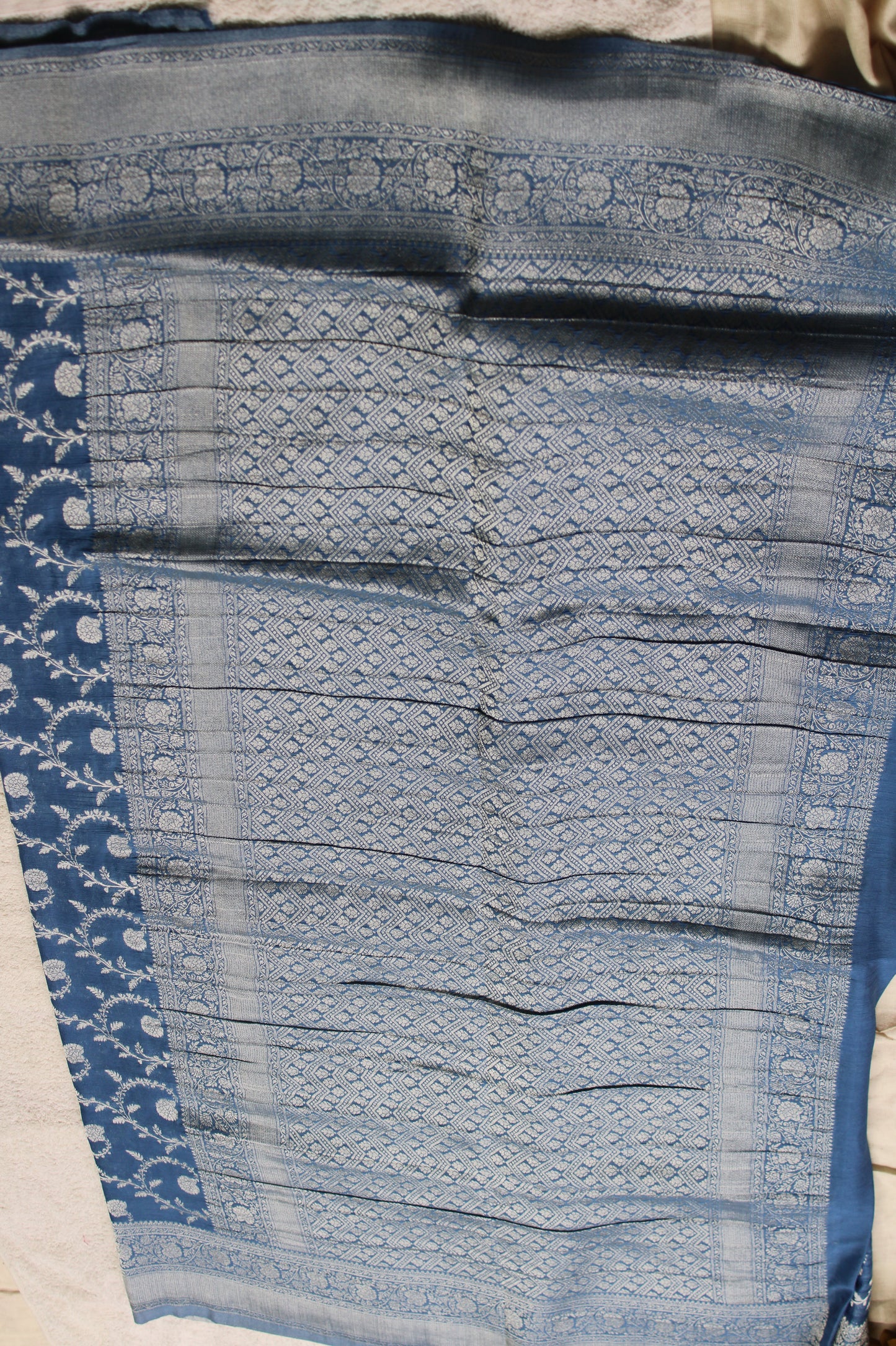 Blue Banarasi Mashru crape georgette Saree with flower zaal design