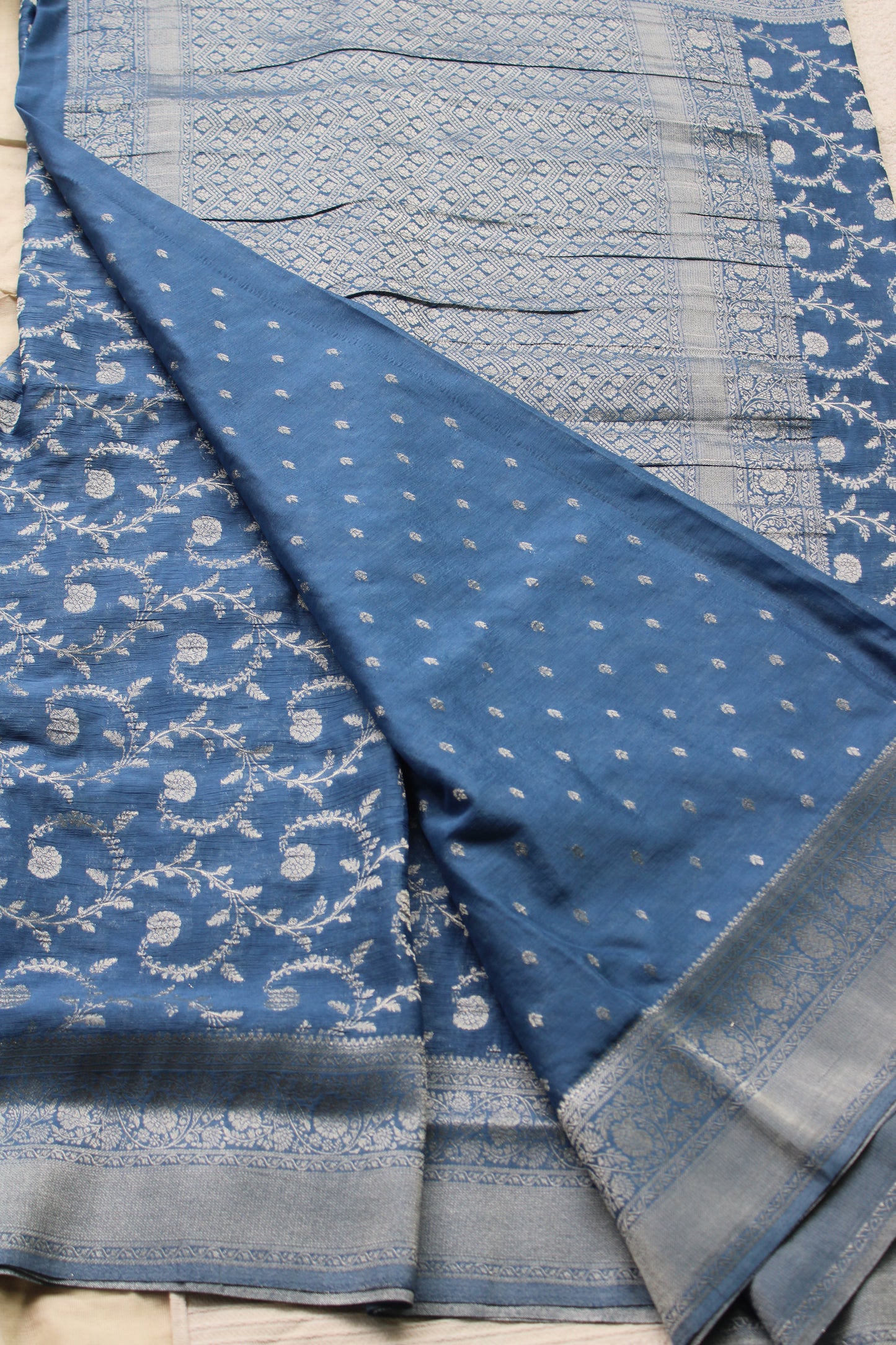 Blue Banarasi Mashru crape georgette Saree with flower zaal design