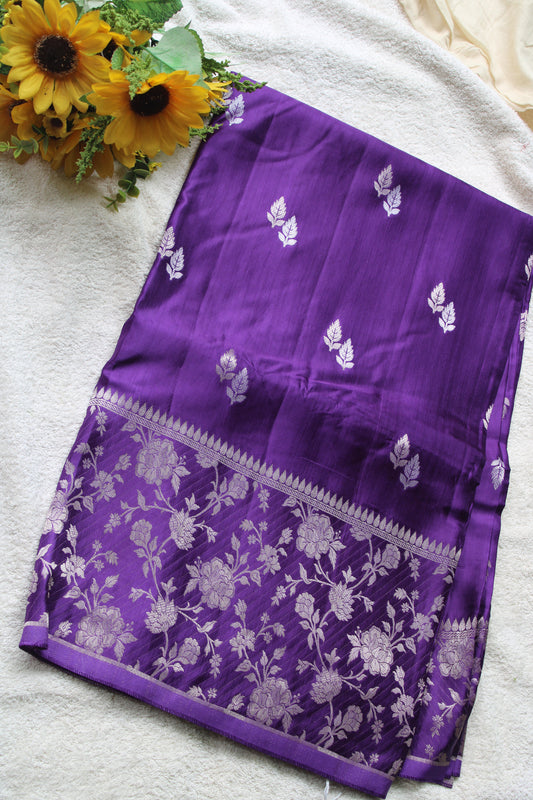 Purple Banarasi Mashru silk saree with big trending floral border