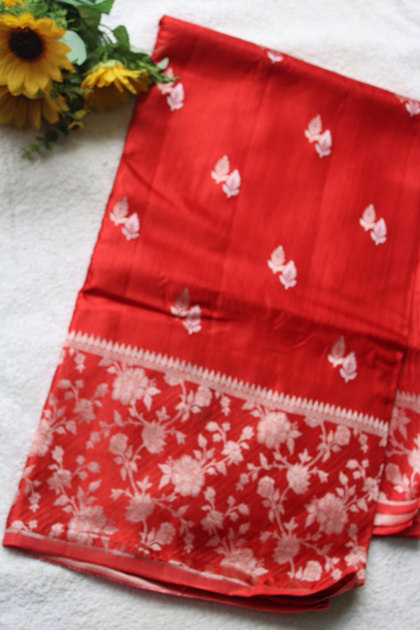 Orange Banarasi Mashru silk saree with big trending floral border