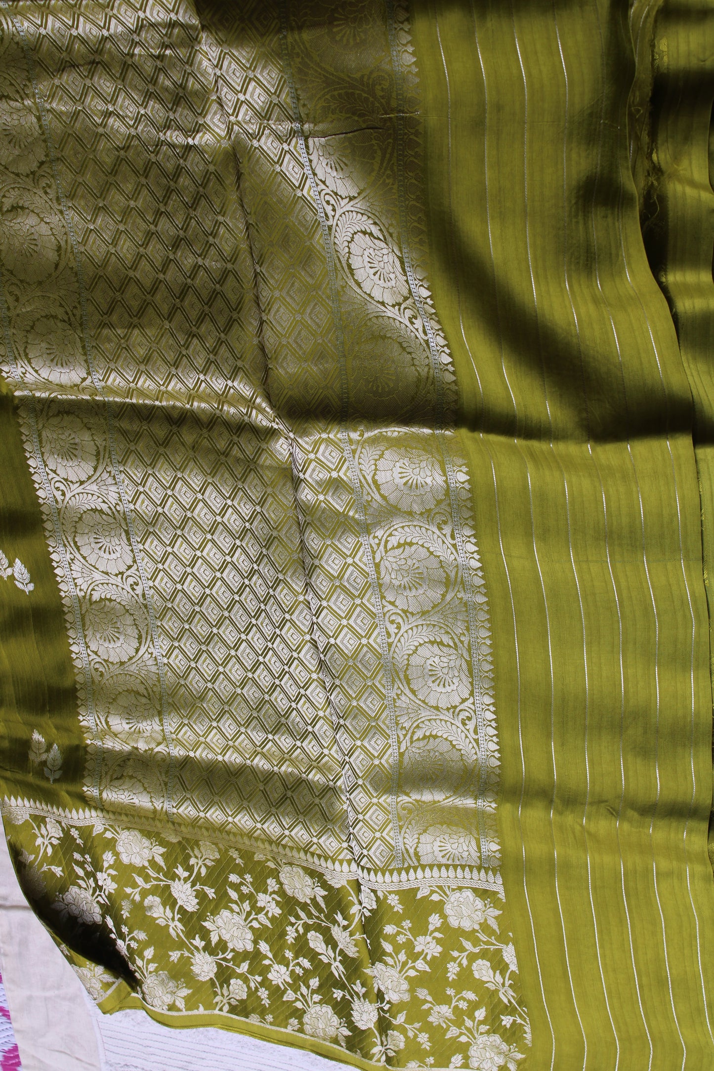 Green Banarasi Mashru silk saree with big trending floral border