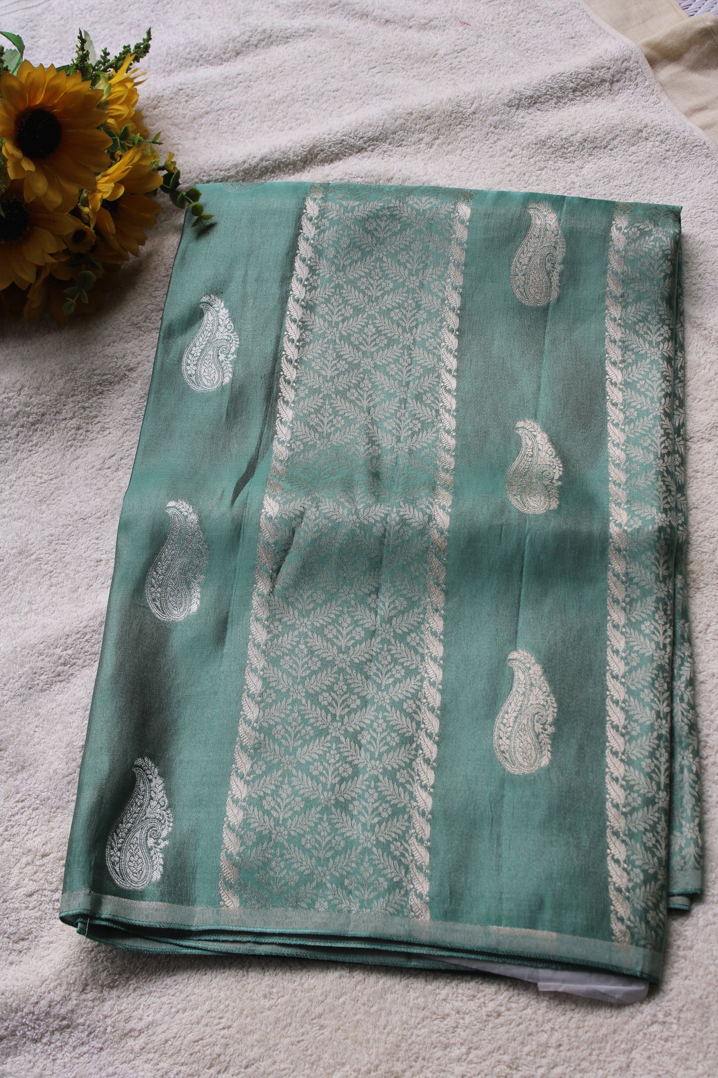 Green Banarasi Mashroo tissue silk saree