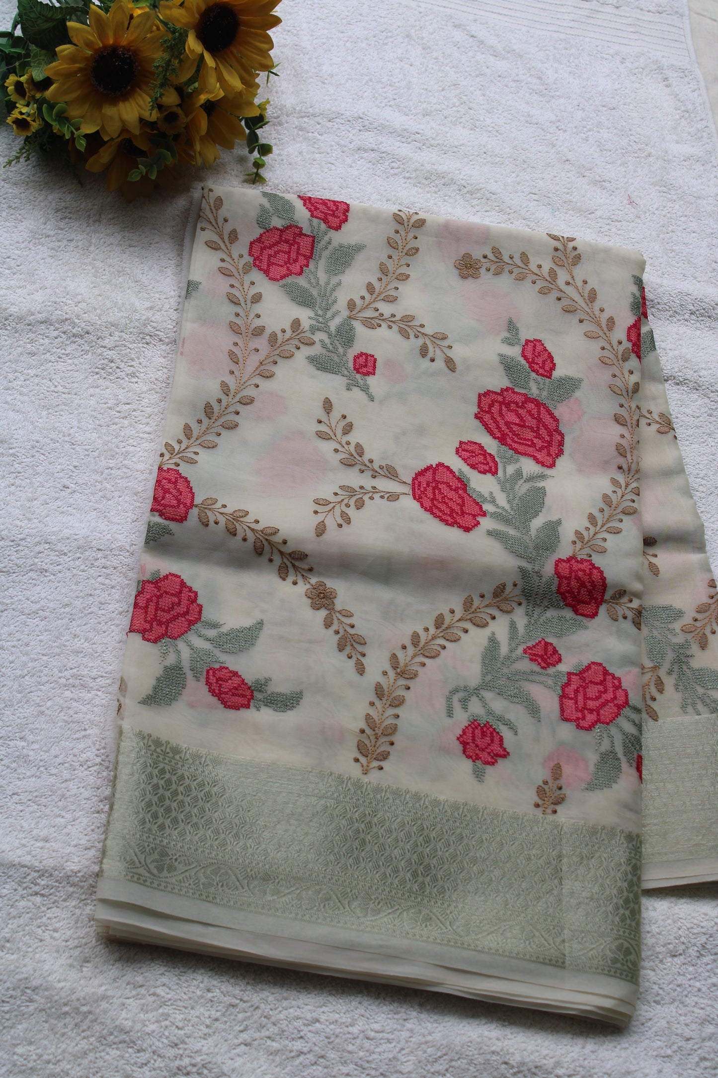 Beige organza Parsi work saree with Zari border