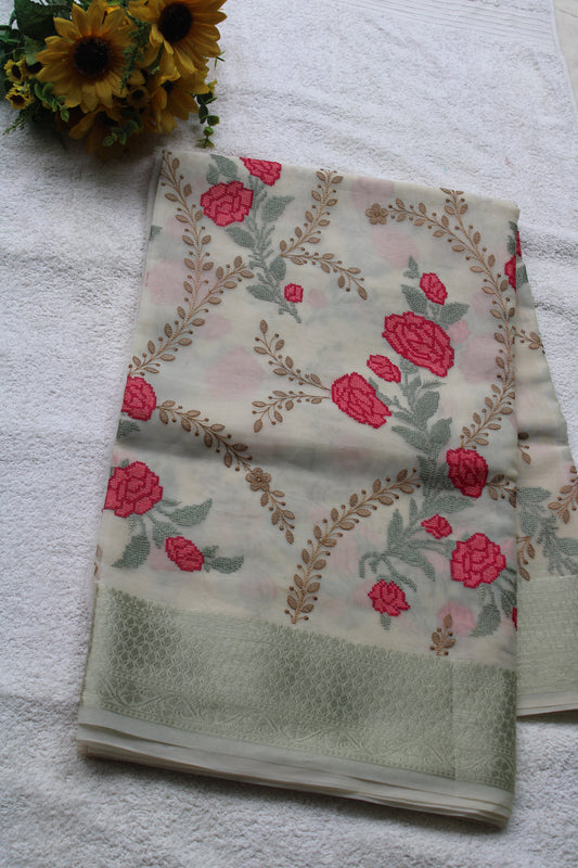 Beige organza Parsi work saree with Zari border