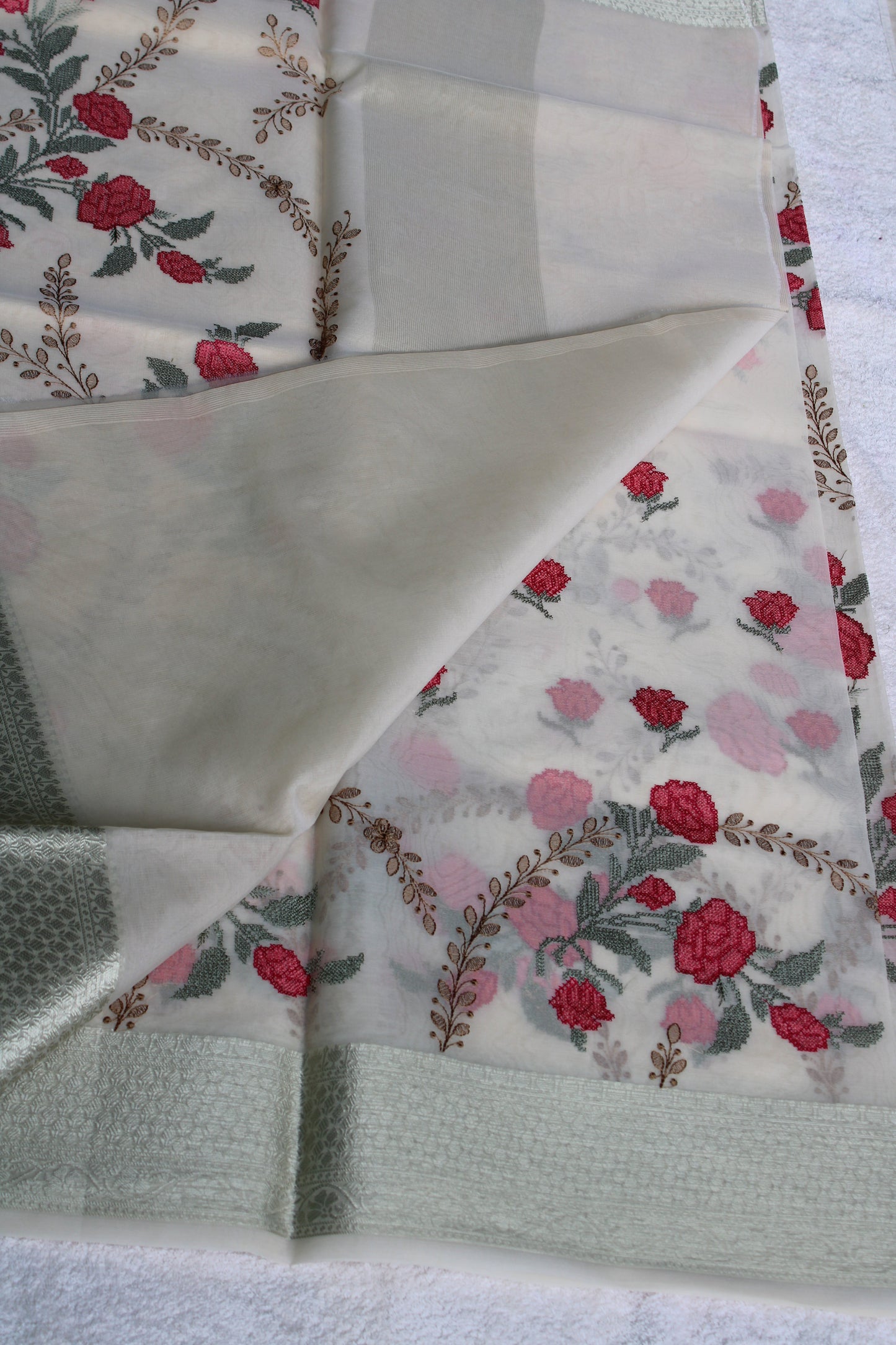 Beige organza Parsi work saree with Zari border