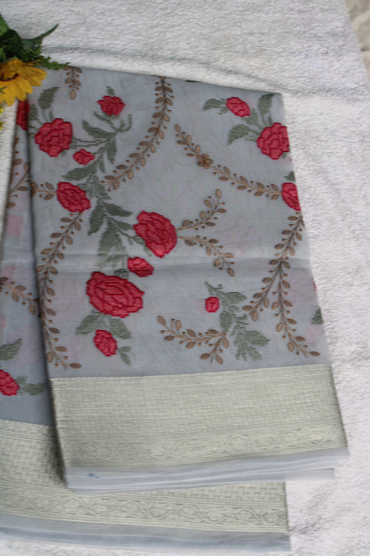Light grey organza Parsi work saree with Zari border
