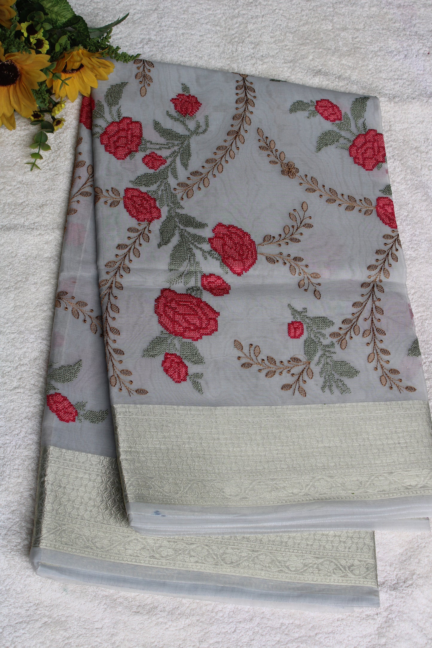 Light grey organza Parsi work saree with Zari border
