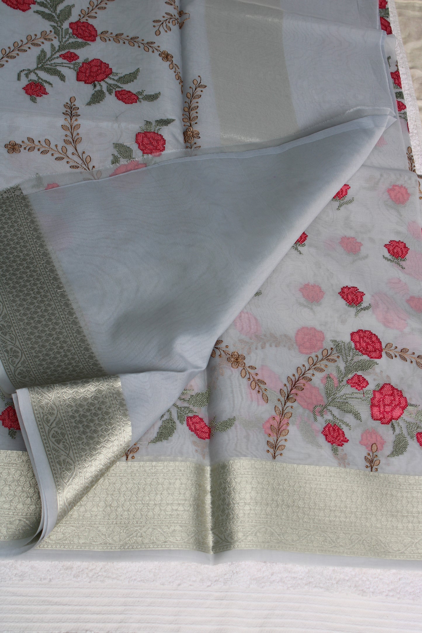 Light grey organza Parsi work saree with Zari border