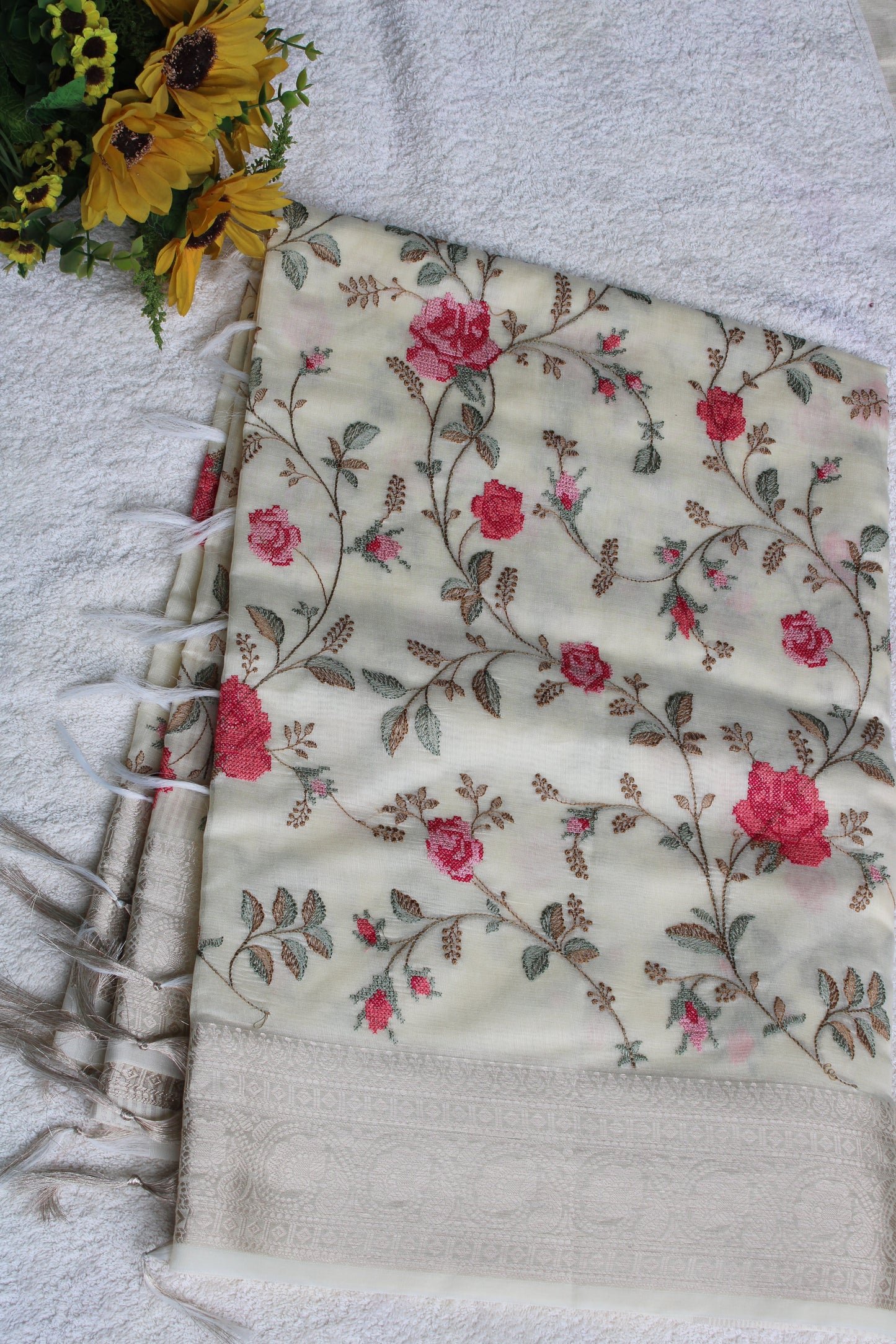 Beige Lenin silk saree with Banarasi parsi work and zari border