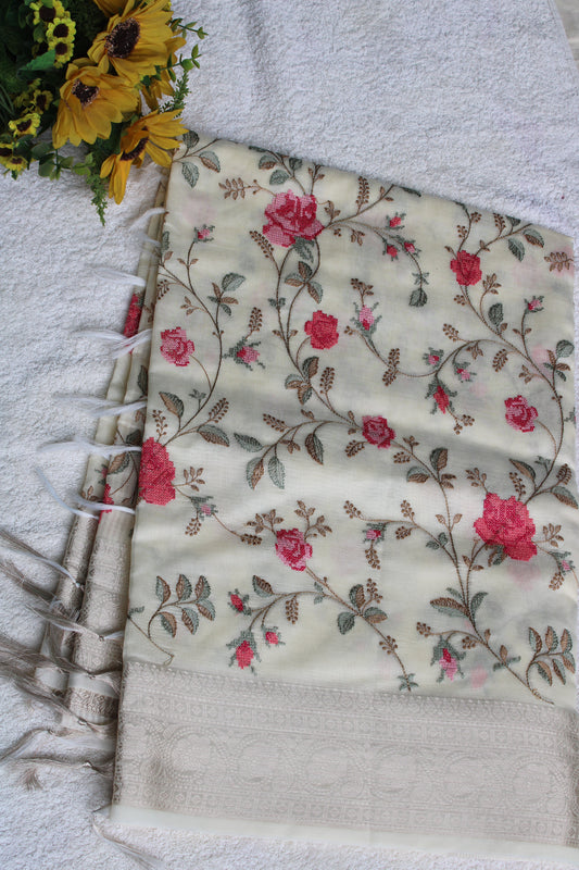 Beige Lenin silk saree with Banarasi parsi work and zari border