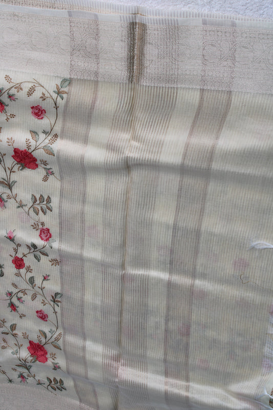 Beige Lenin silk saree with Banarasi parsi work and zari border