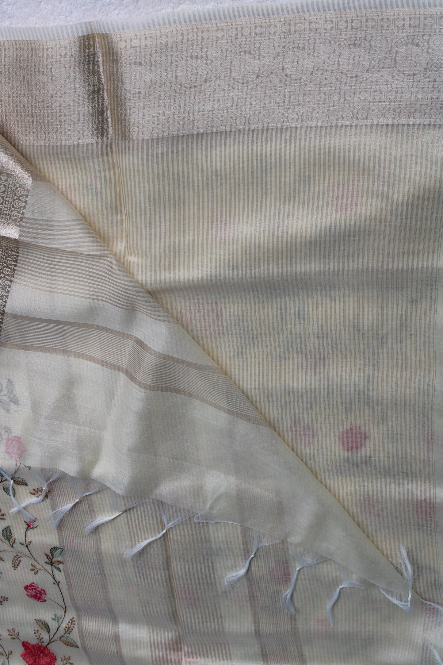Beige Lenin silk saree with Banarasi parsi work and zari border