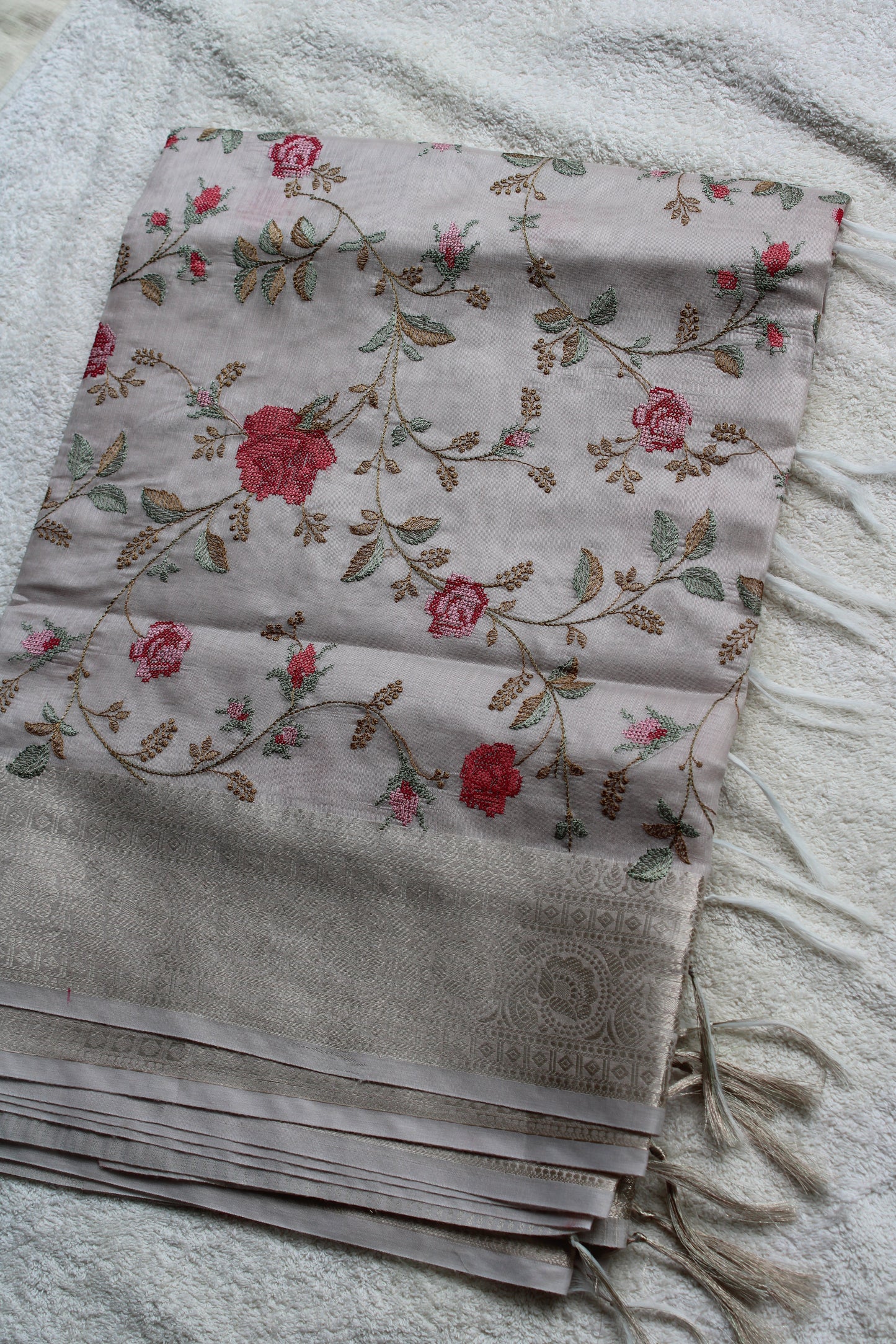 Beige IVORY silk saree with Banarasi parsi work and zari border