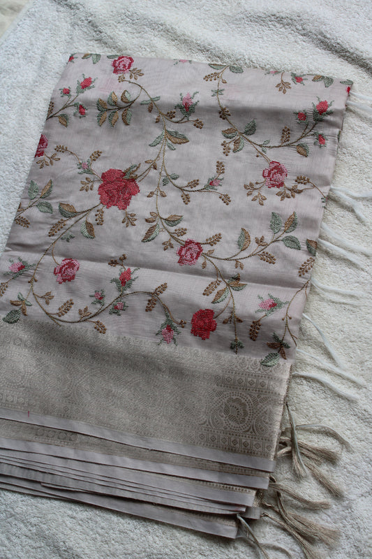 Beige IVORY silk saree with Banarasi parsi work and zari border