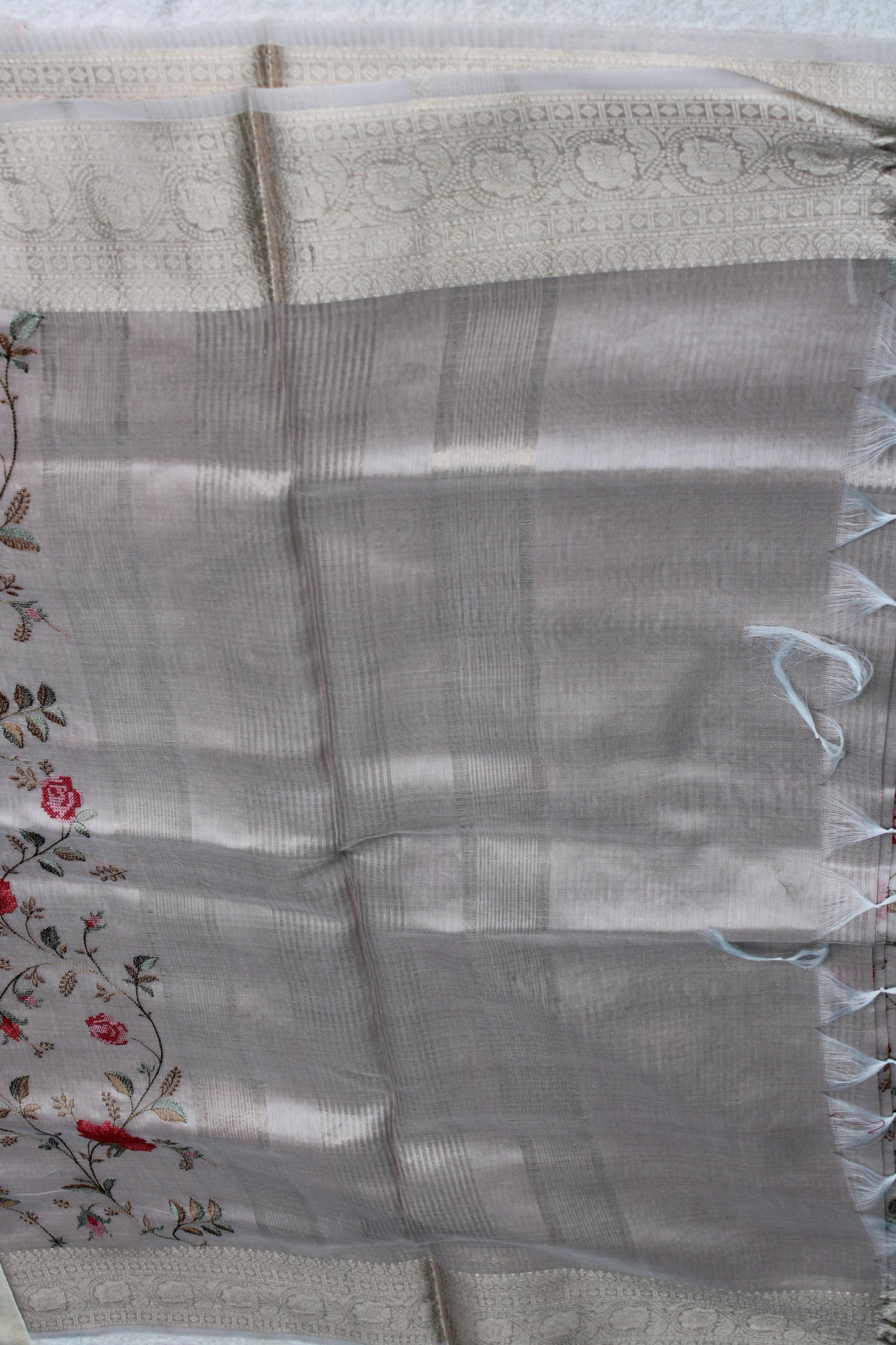 Beige IVORY silk saree with Banarasi parsi work and zari border