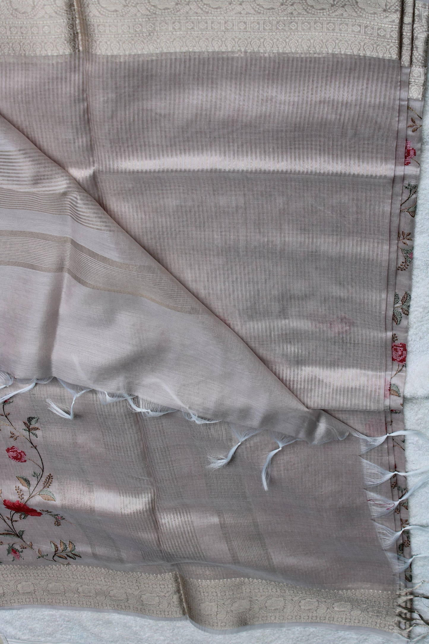Beige IVORY silk saree with Banarasi parsi work and zari border