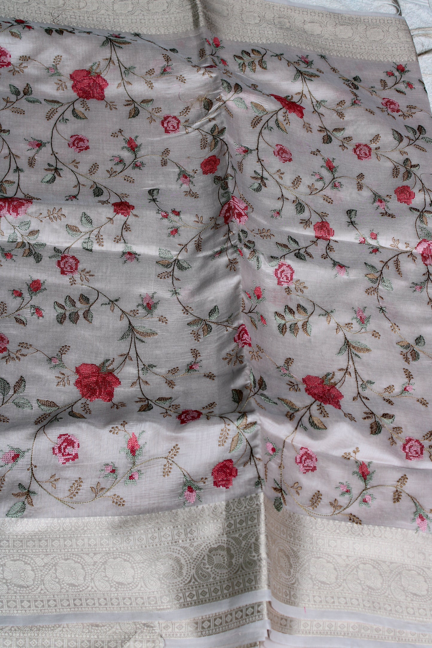 Beige IVORY silk saree with Banarasi parsi work and zari border