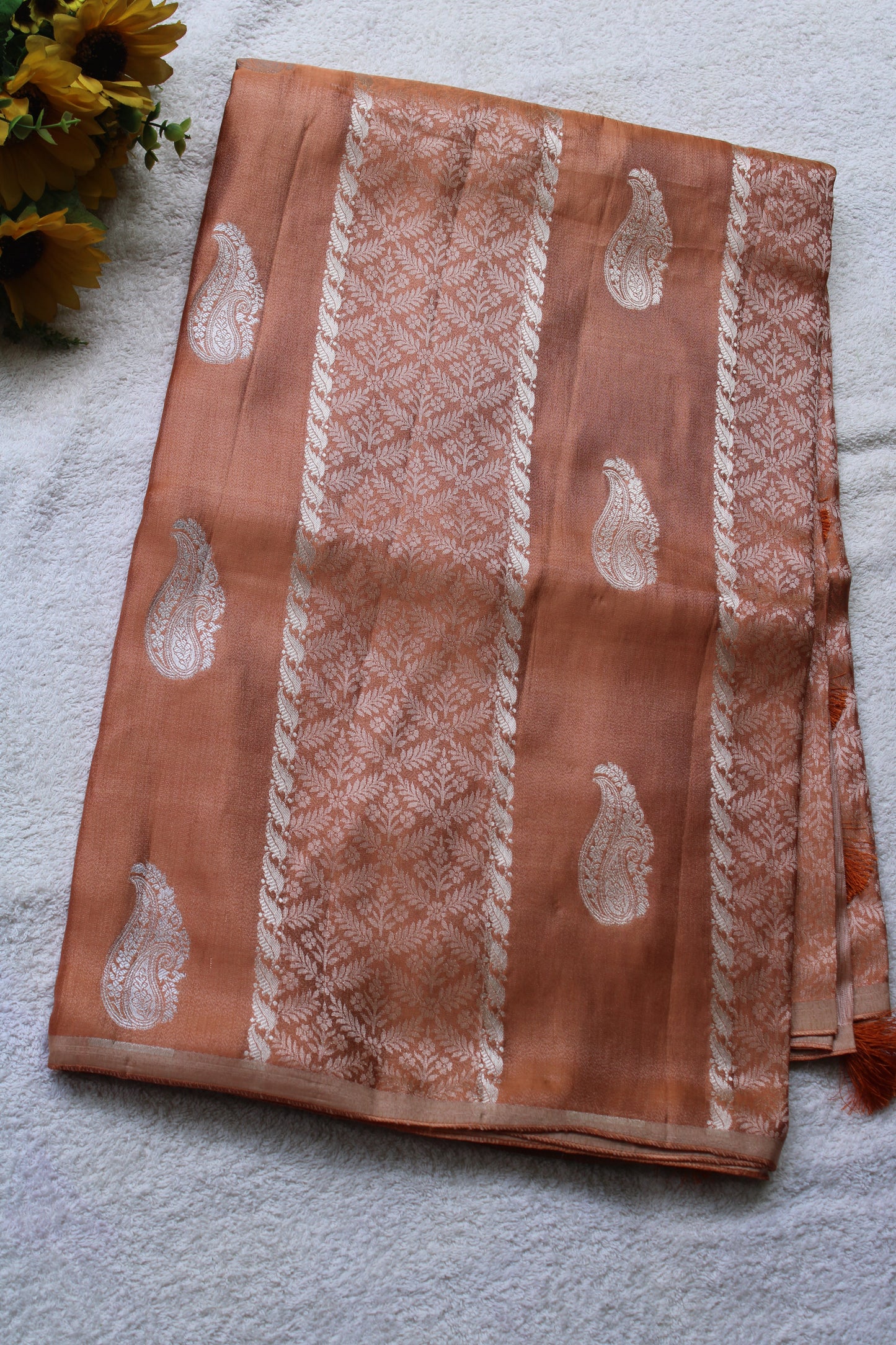 Peach Banarasi Mashroo tissue silk saree