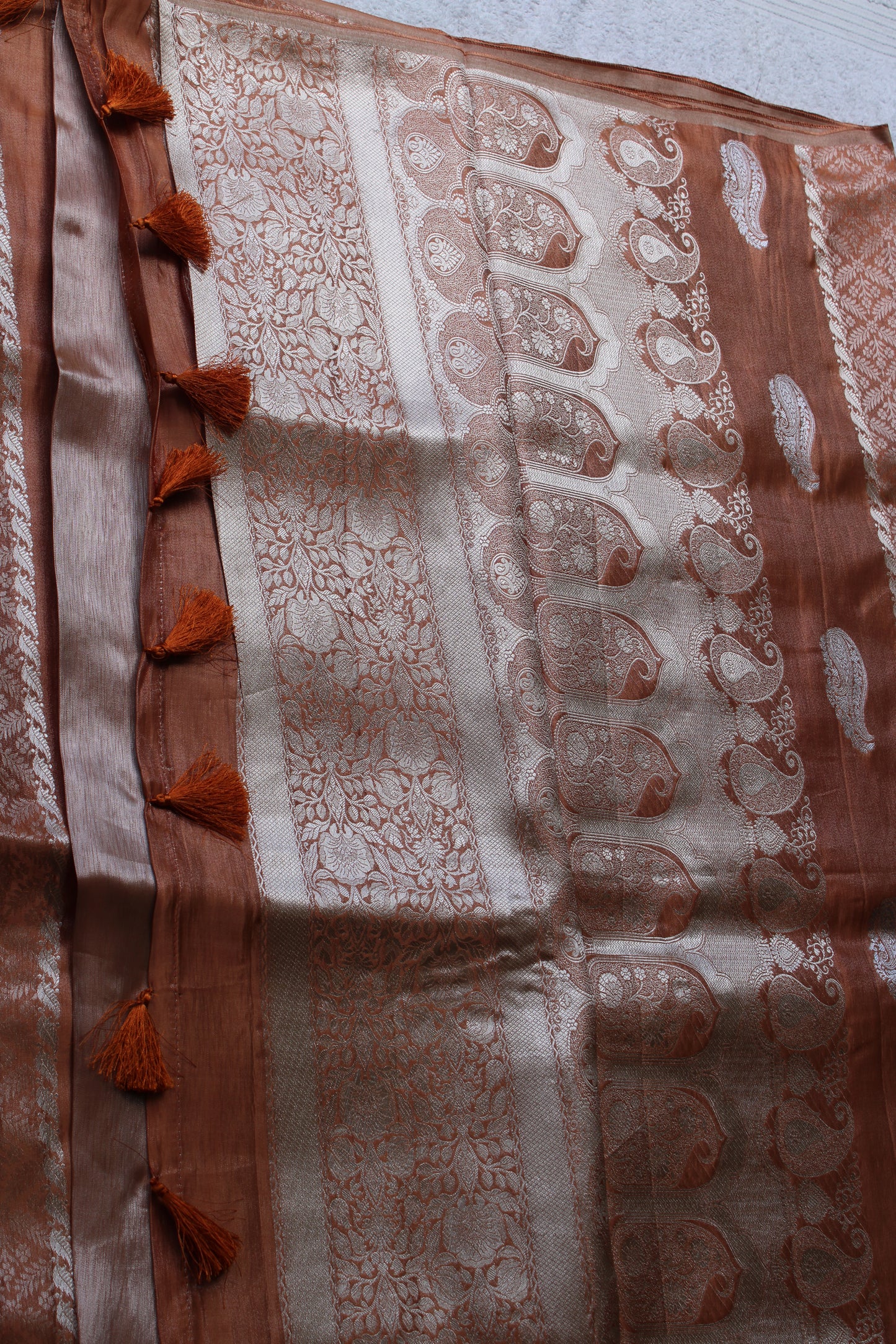 Peach Banarasi Mashroo tissue silk saree