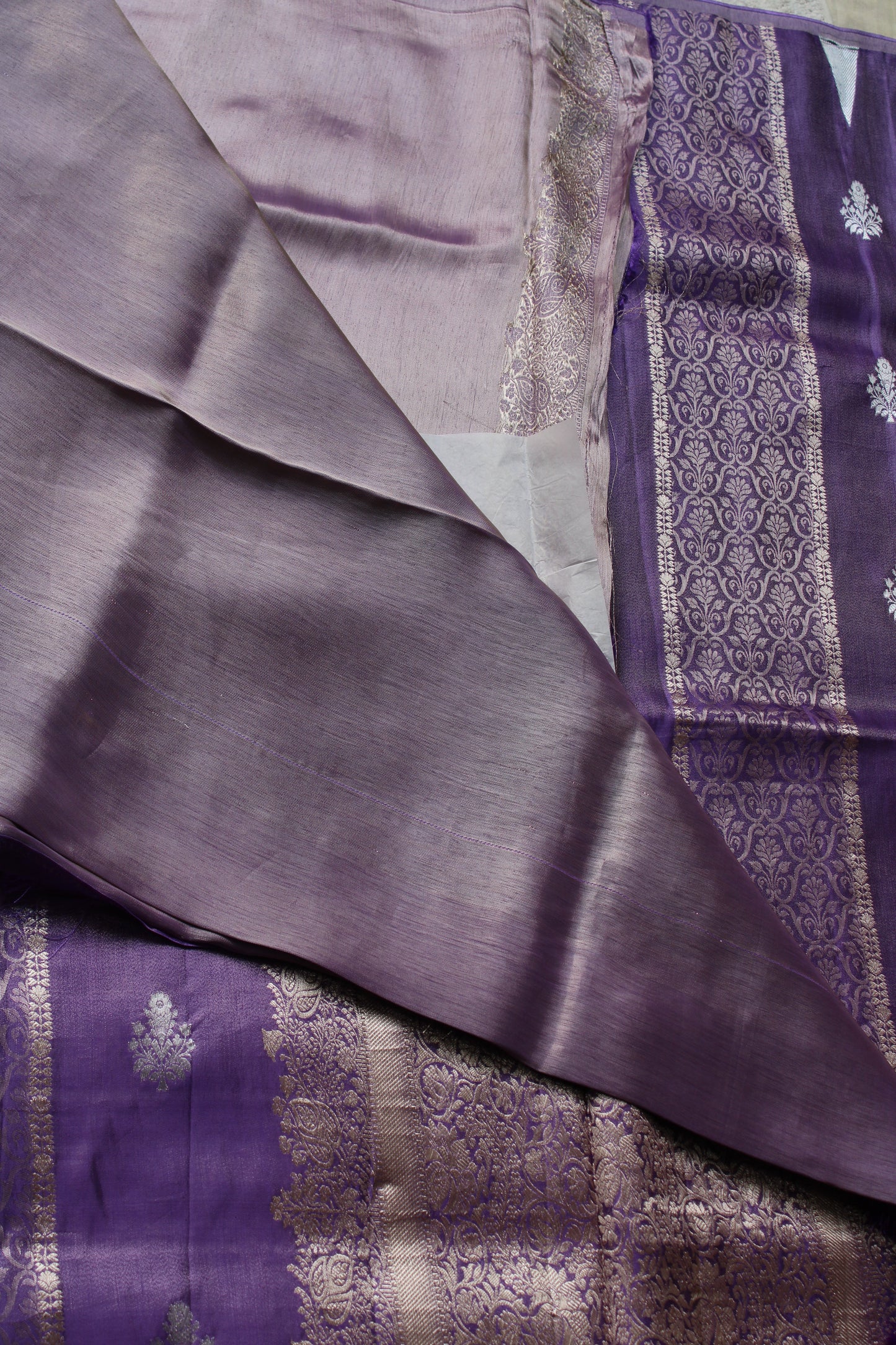 Lavender Banarasi Mashroo tissue silk saree