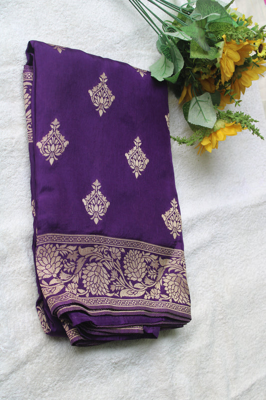 Banarasi purple saree with small trending border and new flower motifs