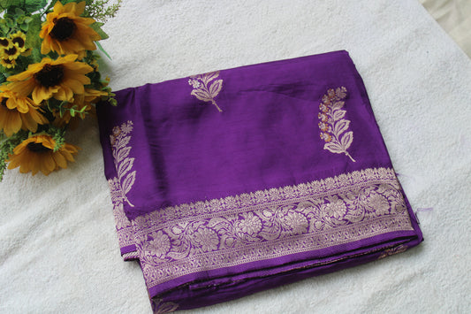 Purple Banarasi  crapesilk saree with trending leaf meenakari design