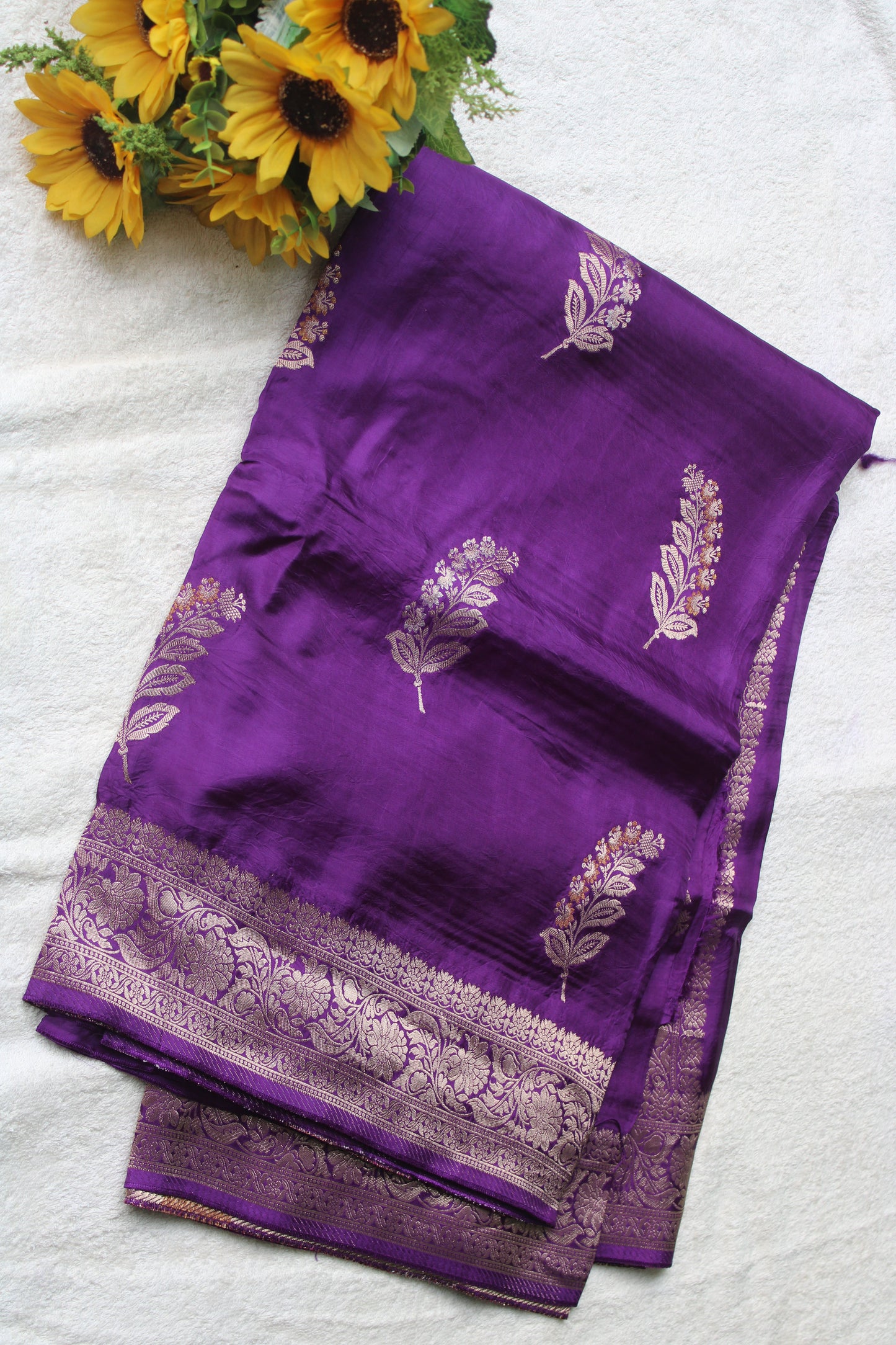 Purple Banarasi  crapesilk saree with trending leaf meenakari design